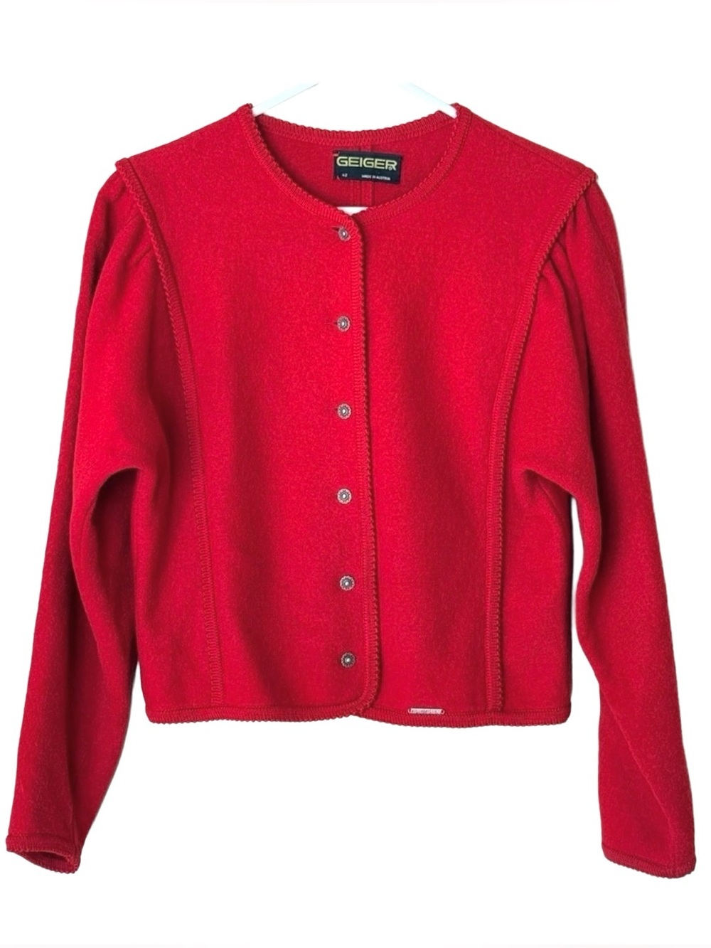 Vtg Geiger of Austria Wool Red Cardigan Jacket Puffed Sleeve S M L